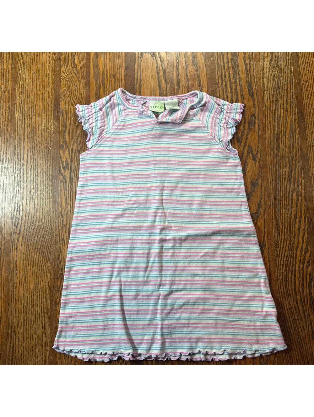 Circo Toddler Girls Size 3T Pink Blue Striped Ruffle Dress Tee Cotton